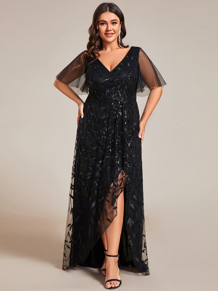 Plus Size Short Sleeves Sequin High Low V-Neck Midi Formal Evening Dress #color_Black