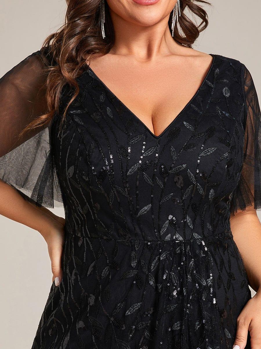Plus Size Short Sleeves Sequin High Low V-Neck Midi Formal Evening Dress #color_Black