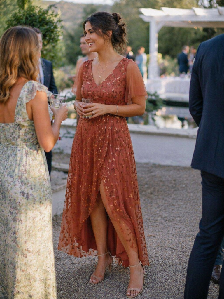 Short Sleeves Sequin High Low V-Neck Midi Formal Evening Dress #color_Burnt Orange