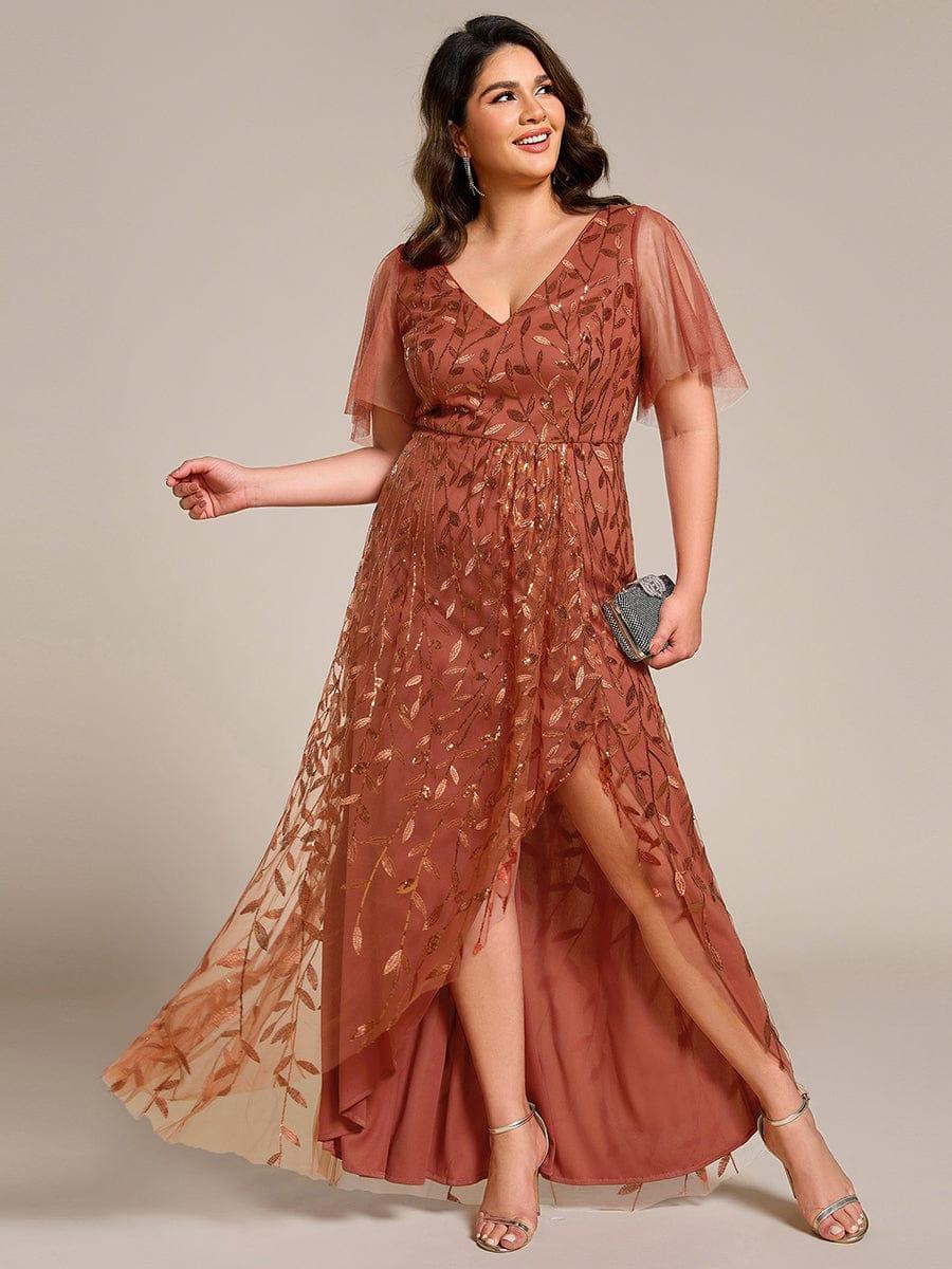 Plus Size Short Sleeves Sequin High Low V-Neck Midi Formal Evening Dress #color_Burnt Orange