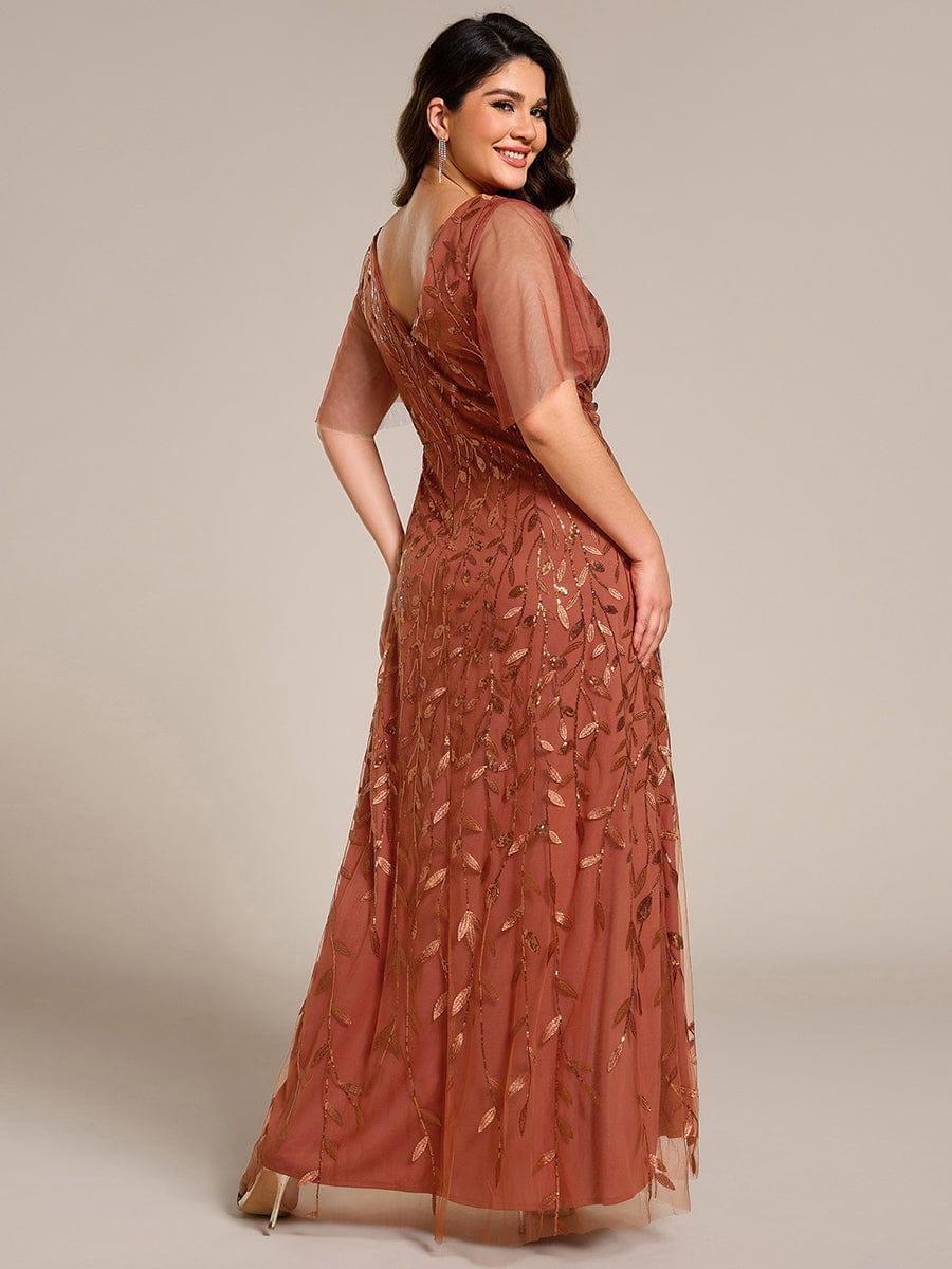 Plus Size Short Sleeves Sequin High Low V-Neck Midi Formal Evening Dress #color_Burnt Orange