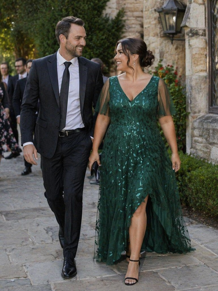 Short Sleeves Sequin High Low V-Neck Midi Formal Evening Dress #color_Dark Green