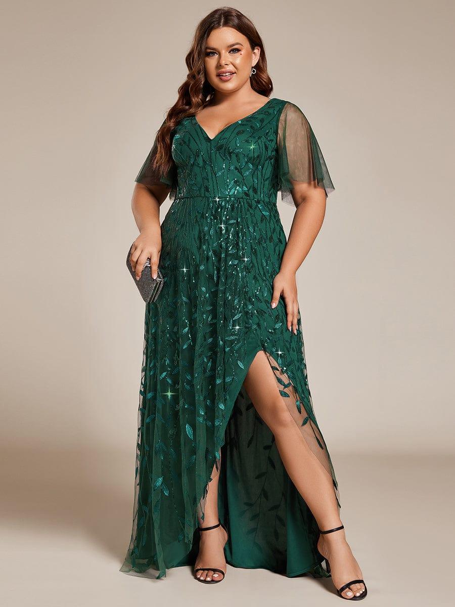 Plus Size Short Sleeves Sequin High Low V-Neck Midi Formal Evening Dress #color_Dark Green