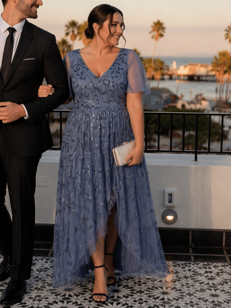 Short Sleeves Sequin High Low V-Neck Midi Formal Evening Dress #color_Dusty Blue