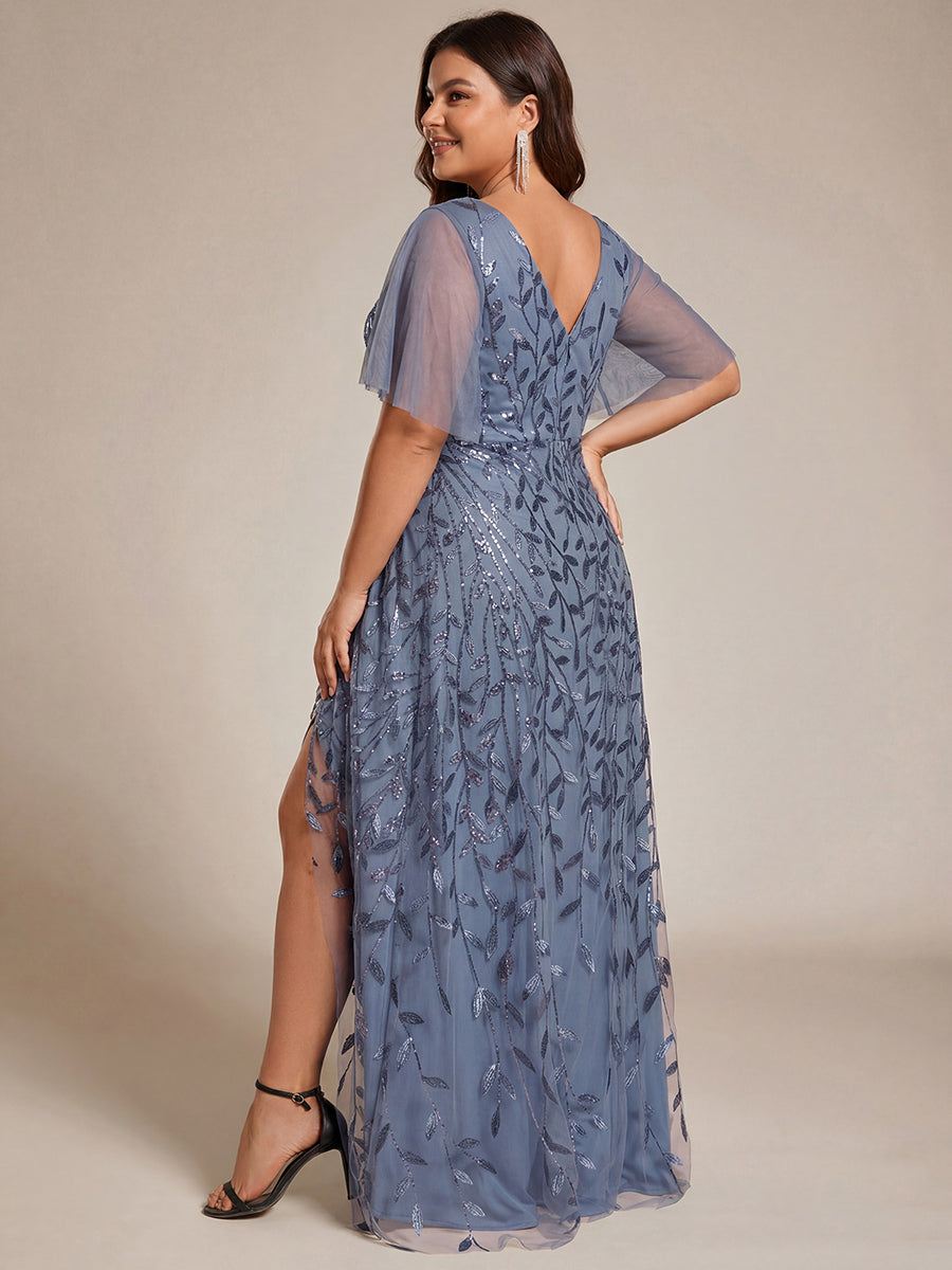Plus Size Short Sleeves Sequin High Low V-Neck Midi Formal Evening Dress #color_Dusty Blue