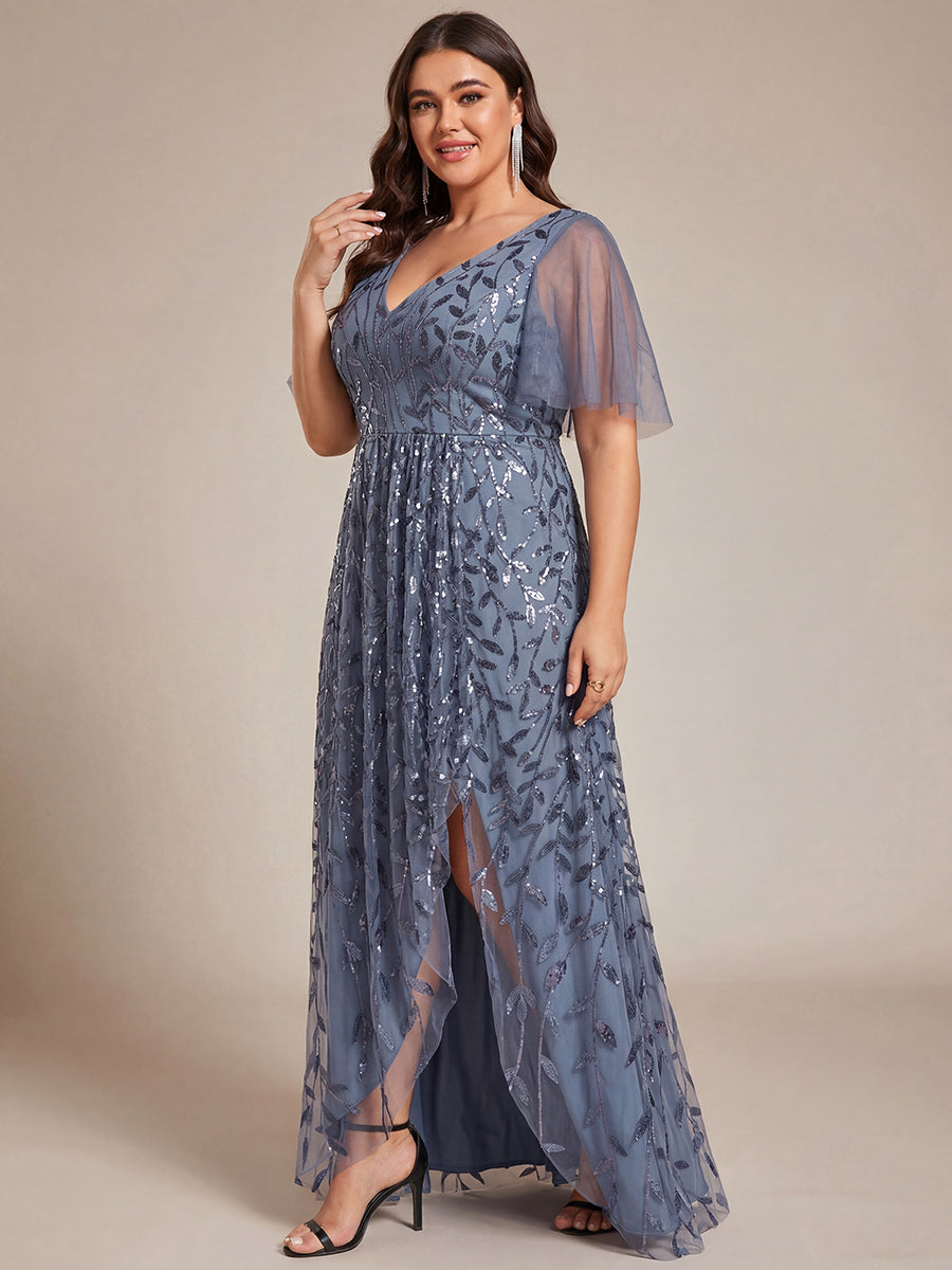 Plus Size Short Sleeves Sequin High Low V-Neck Midi Formal Evening Dress #color_Dusty Blue