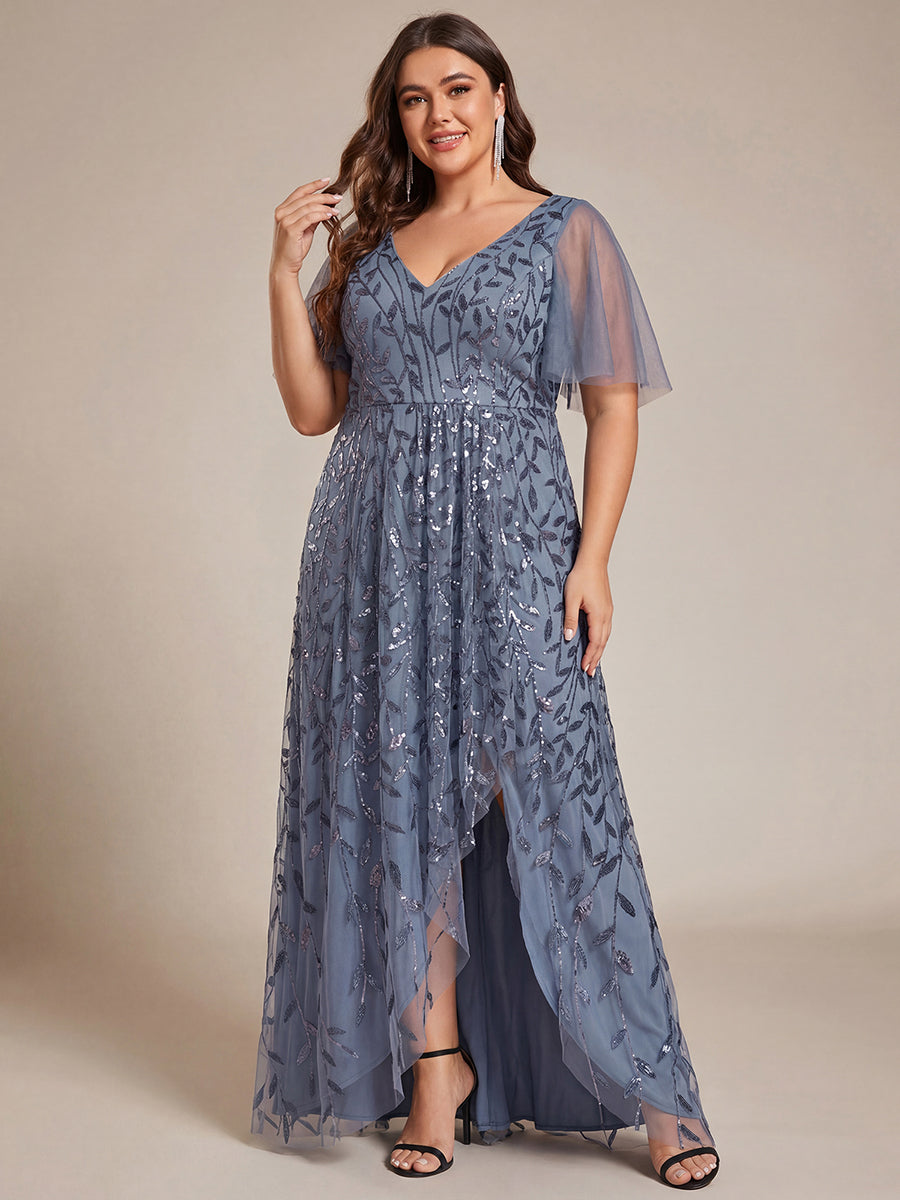 Plus Size Short Sleeves Sequin High Low V-Neck Midi Formal Evening Dress #color_Dusty Blue