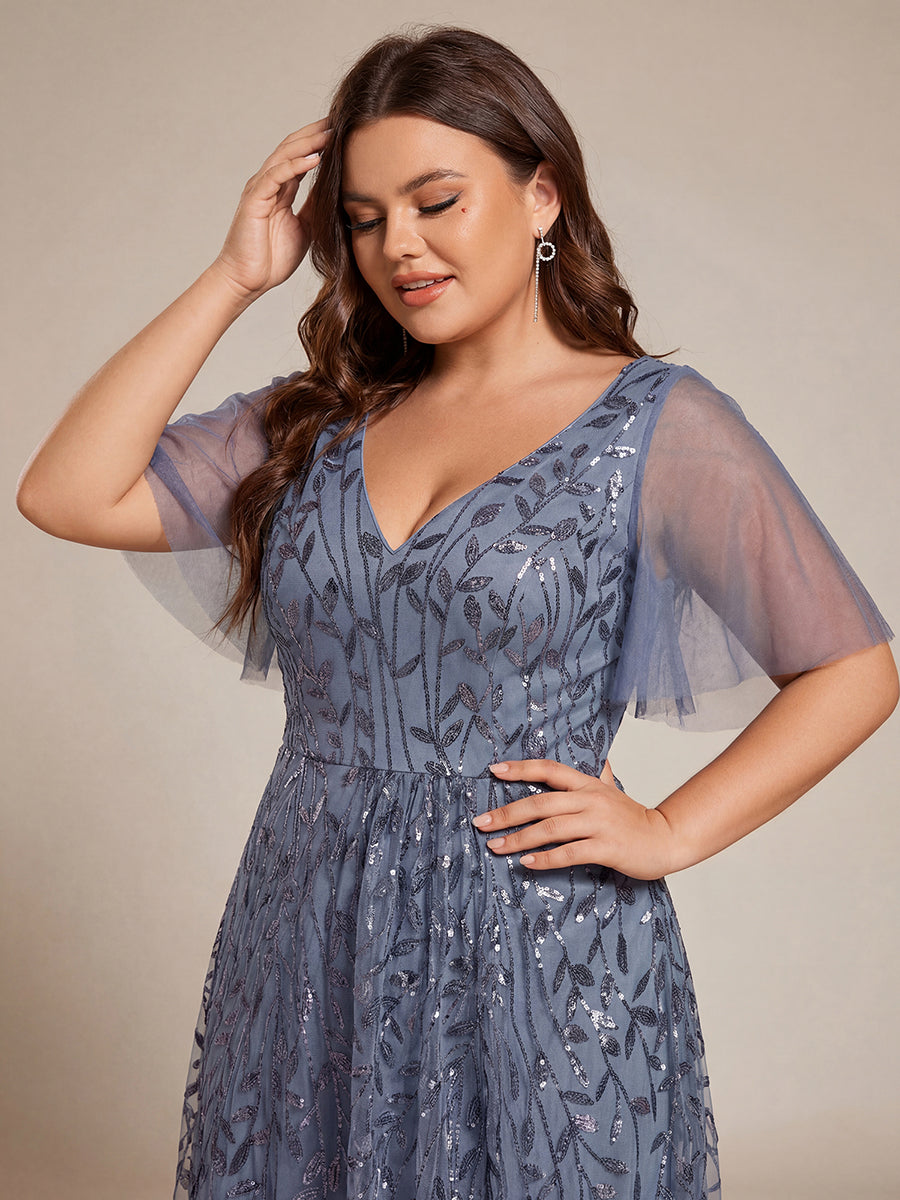 Plus Size Short Sleeves Sequin High Low V-Neck Midi Formal Evening Dress #color_Dusty Blue