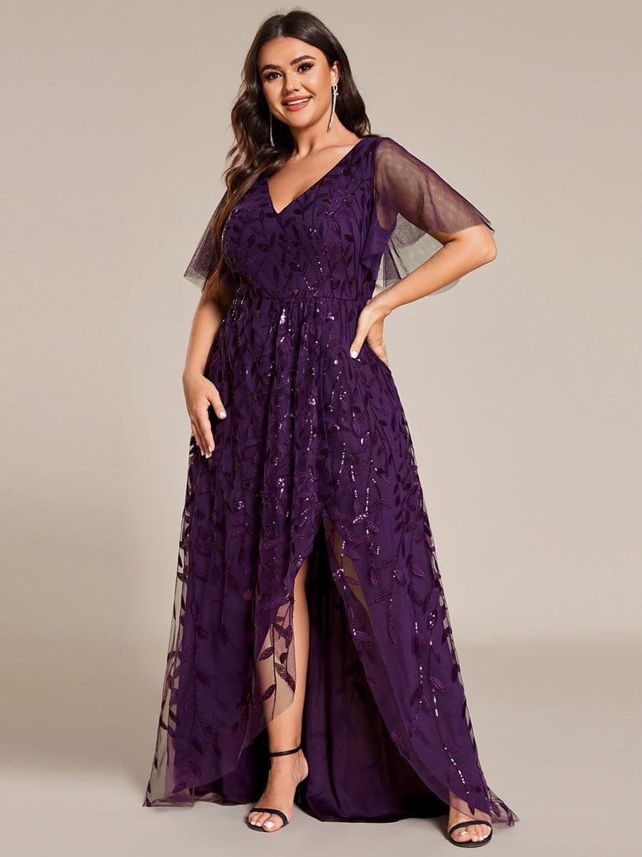 Plus Size Short Sleeves Sequin High Low V-Neck Midi Formal Evening Dress #color_Dark Purple