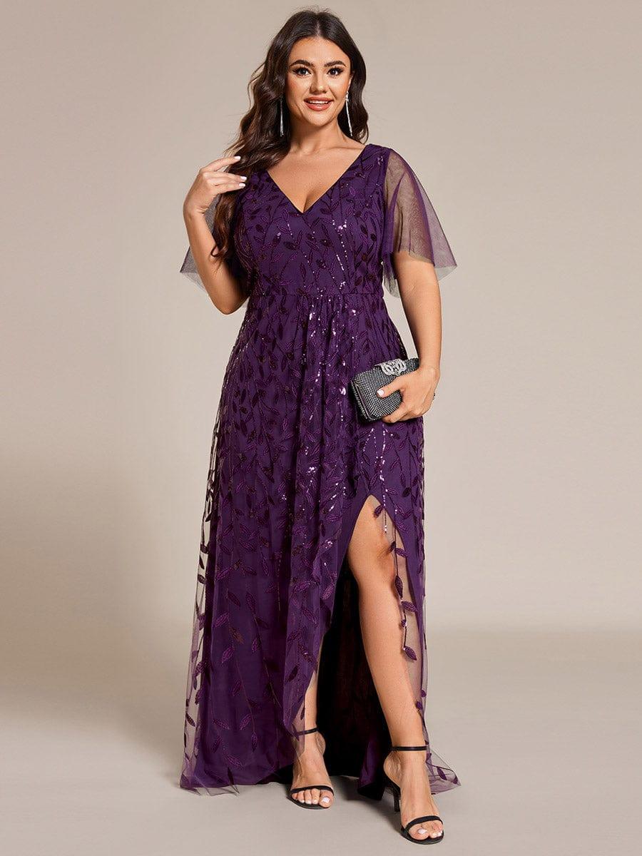 Plus Size Short Sleeves Sequin High Low V-Neck Midi Formal Evening Dress #color_Dark Purple