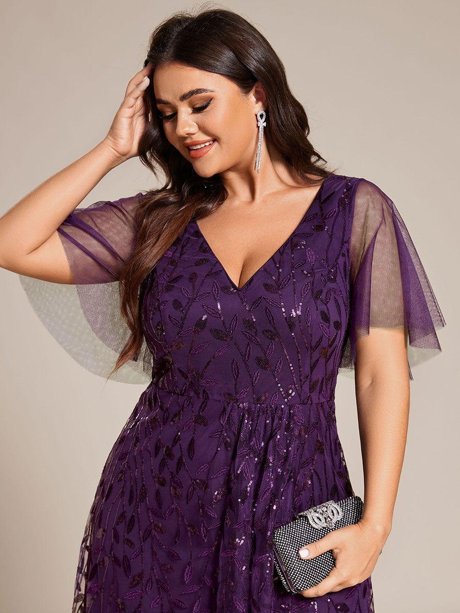 Plus Size Short Sleeves Sequin High Low V-Neck Midi Formal Evening Dress #color_Dark Purple