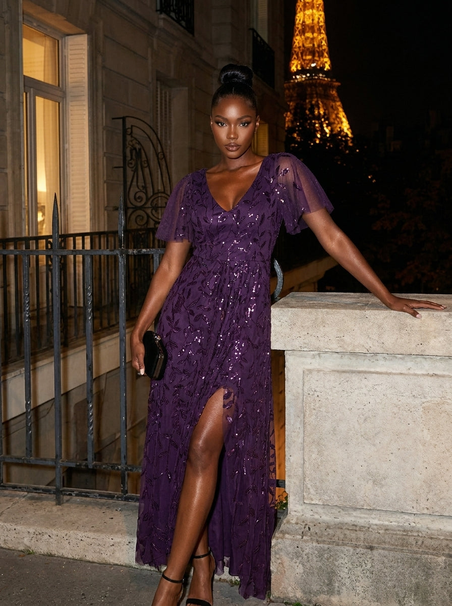 Short Sleeves Sequin High Low V-Neck Midi Formal Evening Dress #color_Dark Purple