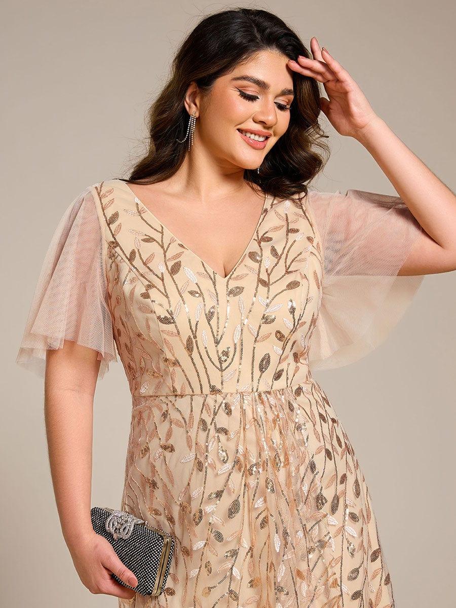 Plus Size Short Sleeves Sequin High Low V-Neck Midi Formal Evening Dress #color_Gold