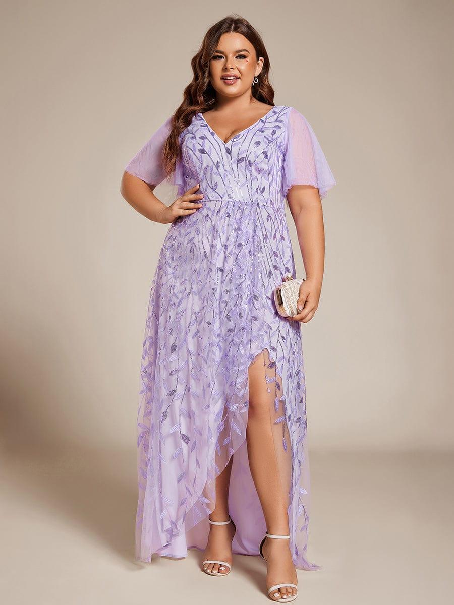 Plus Size Short Sleeves Sequin High Low V-Neck Midi Formal Evening Dress #color_Lavender