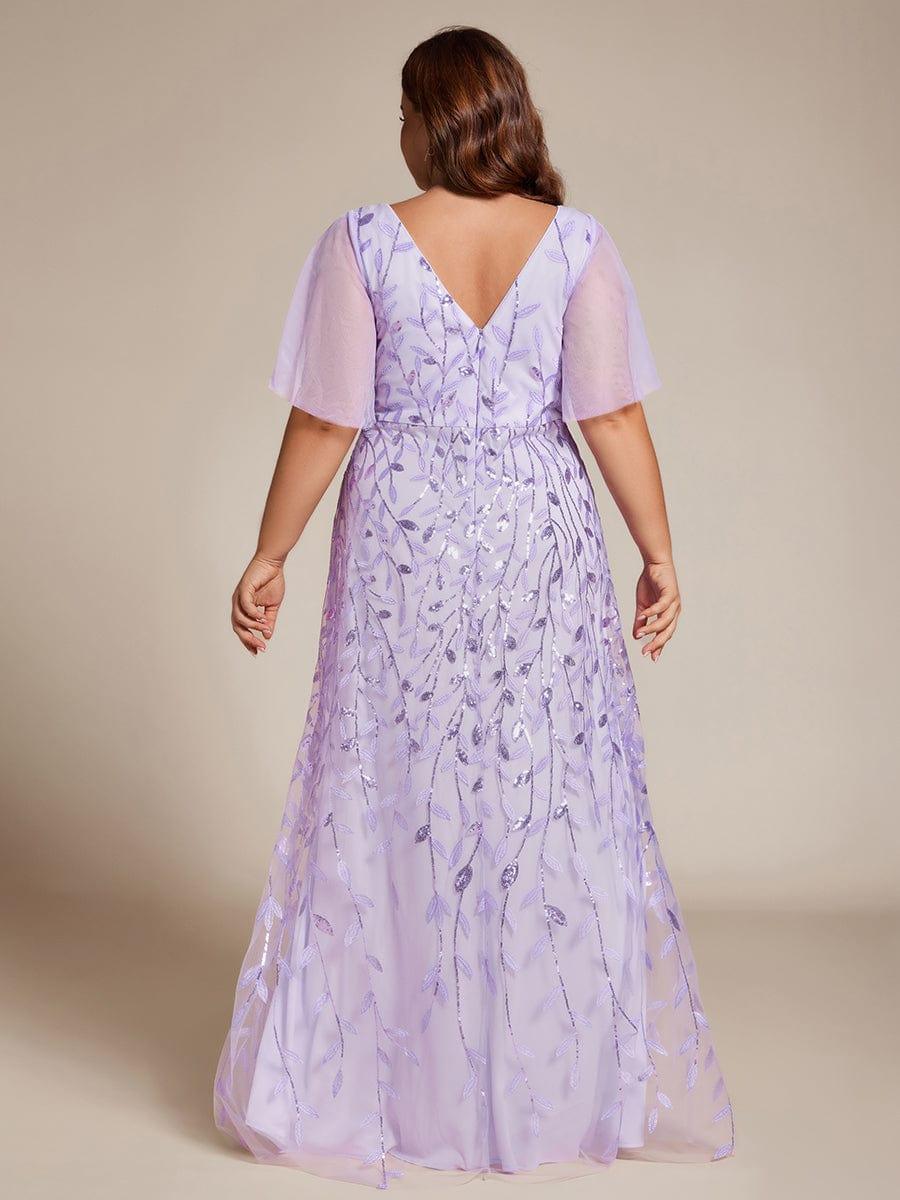 Plus Size Short Sleeves Sequin High Low V-Neck Midi Formal Evening Dress #color_Lavender