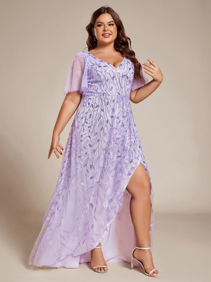 Plus Size Short Sleeves Sequin High Low V-Neck Midi Formal Evening Dress #color_Lavender