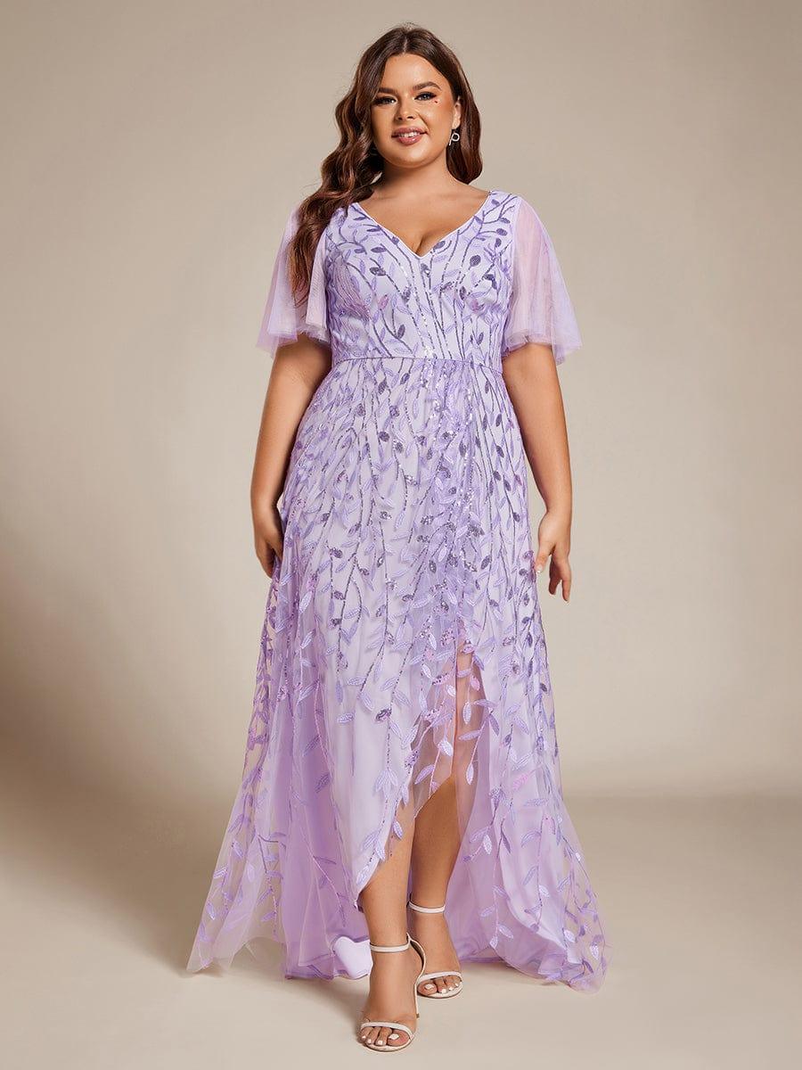 Plus Size Short Sleeves Sequin High Low V-Neck Midi Formal Evening Dress #color_Lavender