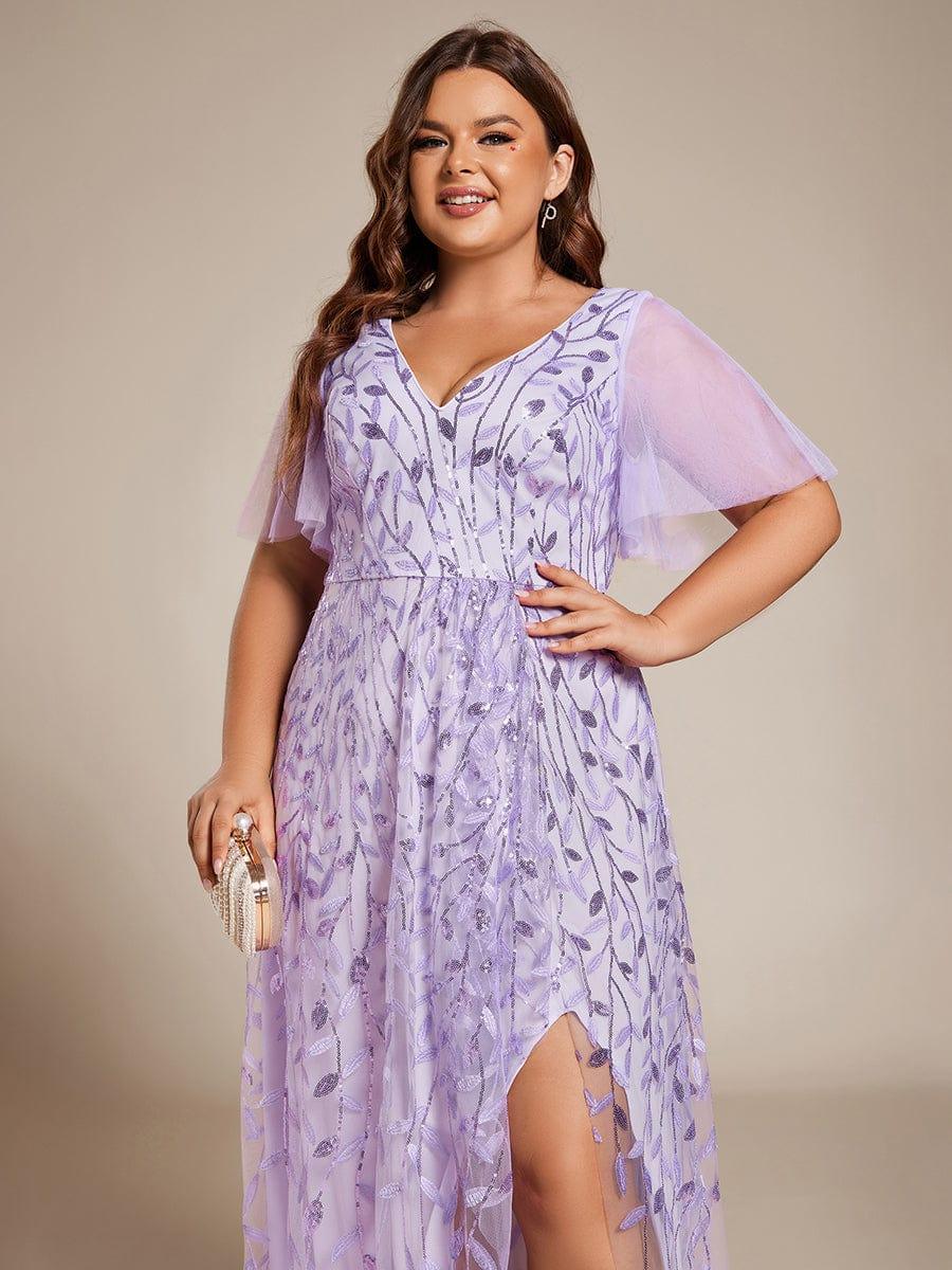 Plus Size Short Sleeves Sequin High Low V-Neck Midi Formal Evening Dress #color_Lavender