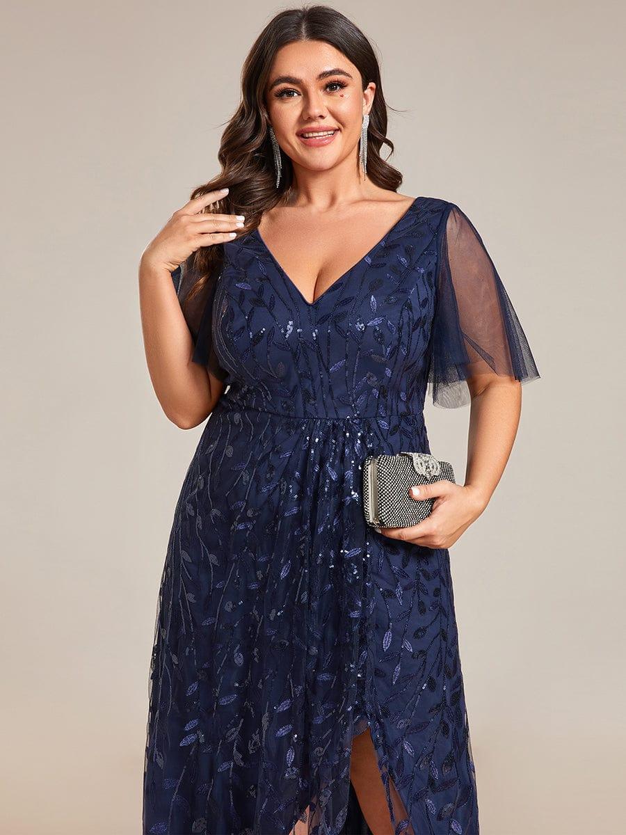 Plus Size Short Sleeves Sequin High Low V-Neck Midi Formal Evening Dress #color_Navy Blue