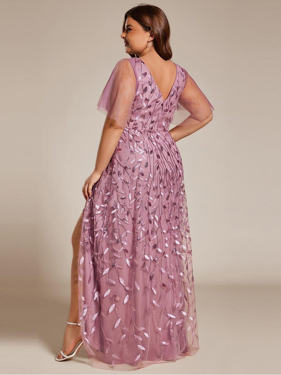Plus Size Short Sleeves Sequin High Low V-Neck Midi Formal Evening Dress #color_Purple Orchid