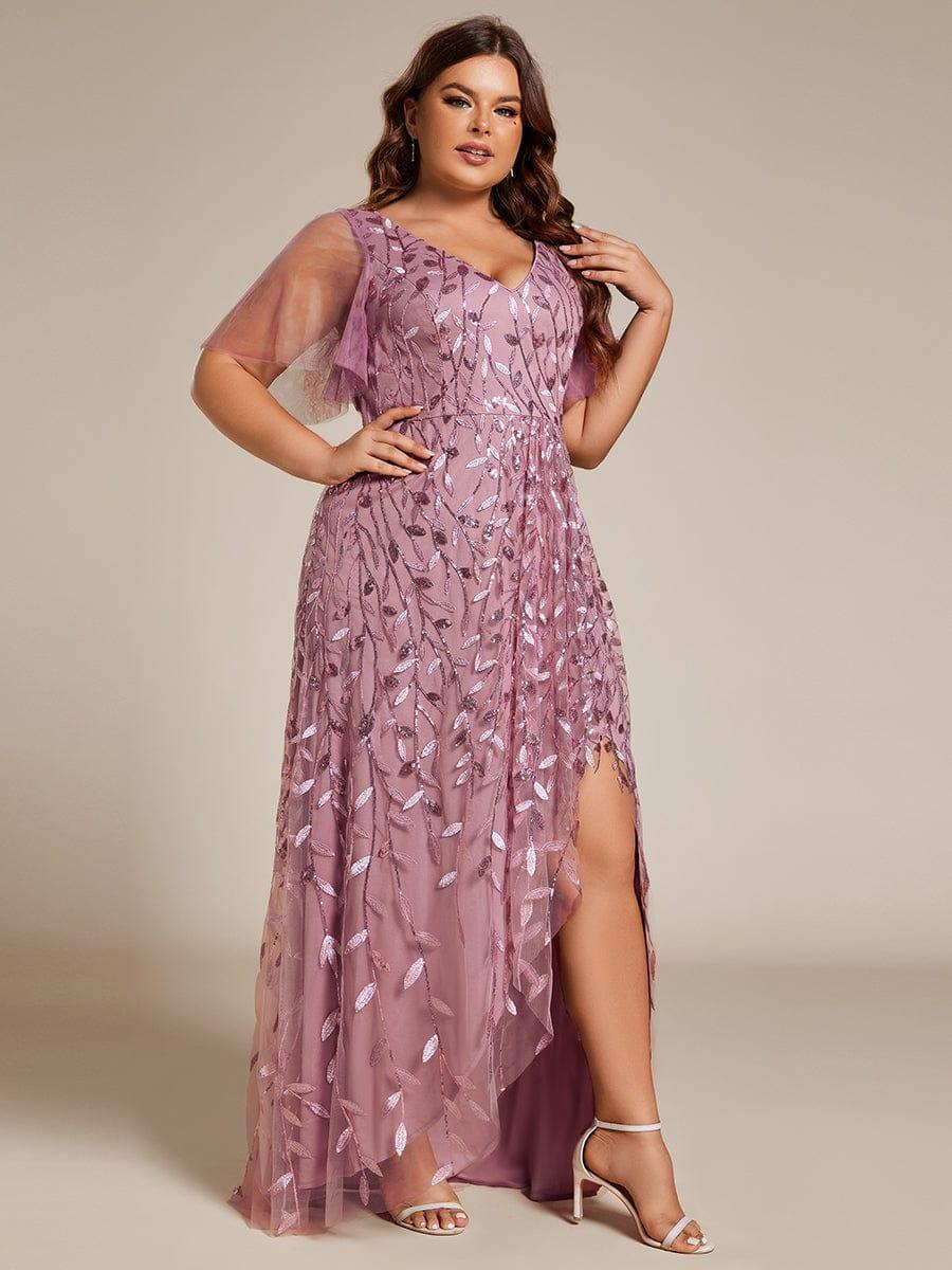 Plus Size Short Sleeves Sequin High Low V-Neck Midi Formal Evening Dress #color_Purple Orchid
