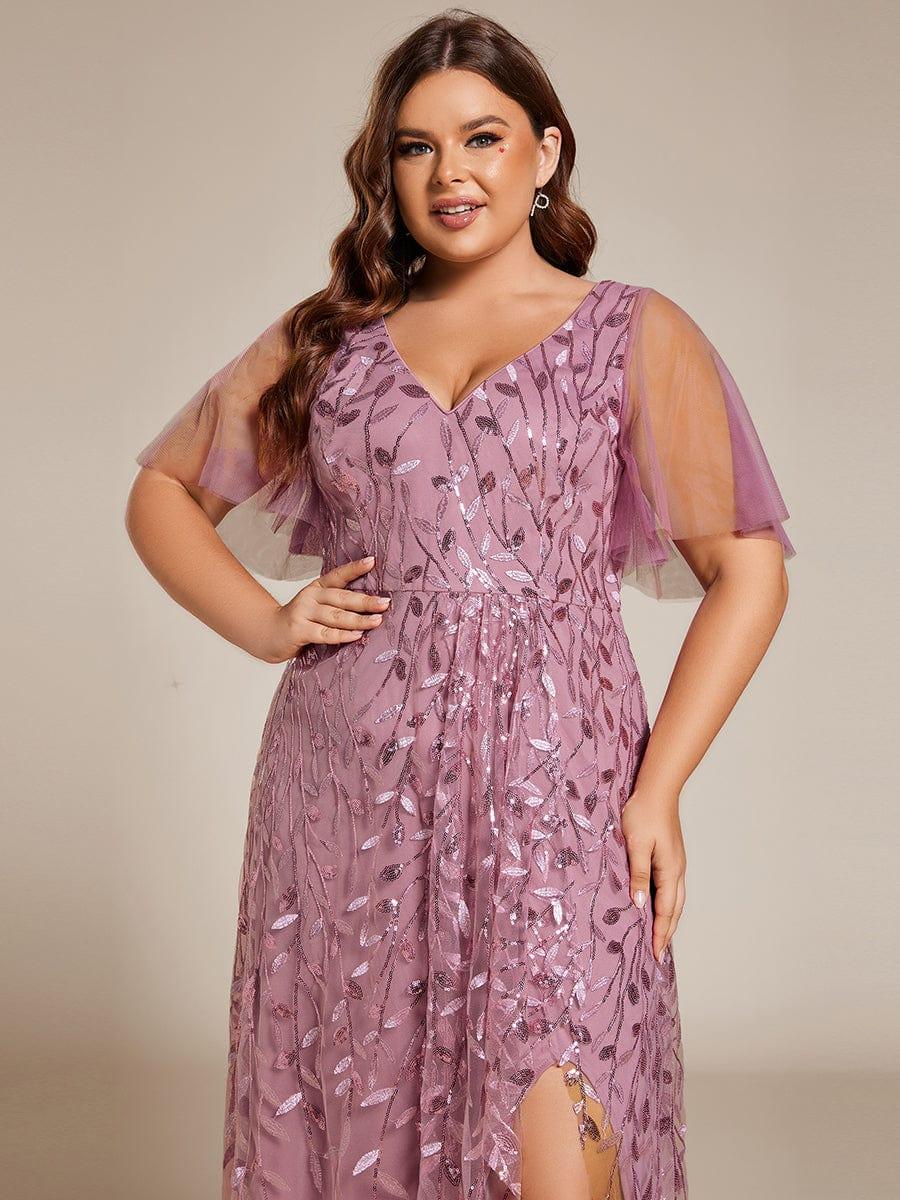 Plus Size Short Sleeves Sequin High Low V-Neck Midi Formal Evening Dress #color_Purple Orchid