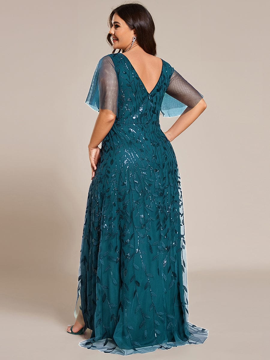 Plus Size Short Sleeves Sequin High Low V-Neck Midi Formal Evening Dress #color_Teal