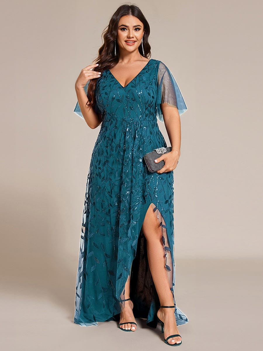 Plus Size Short Sleeves Sequin High Low V-Neck Midi Formal Evening Dress #color_Teal