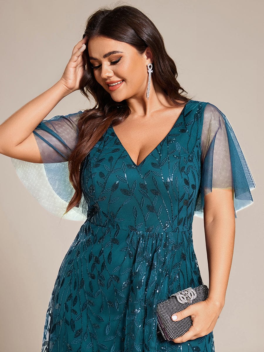 Plus Size Short Sleeves Sequin High Low V-Neck Midi Formal Evening Dress #color_Teal