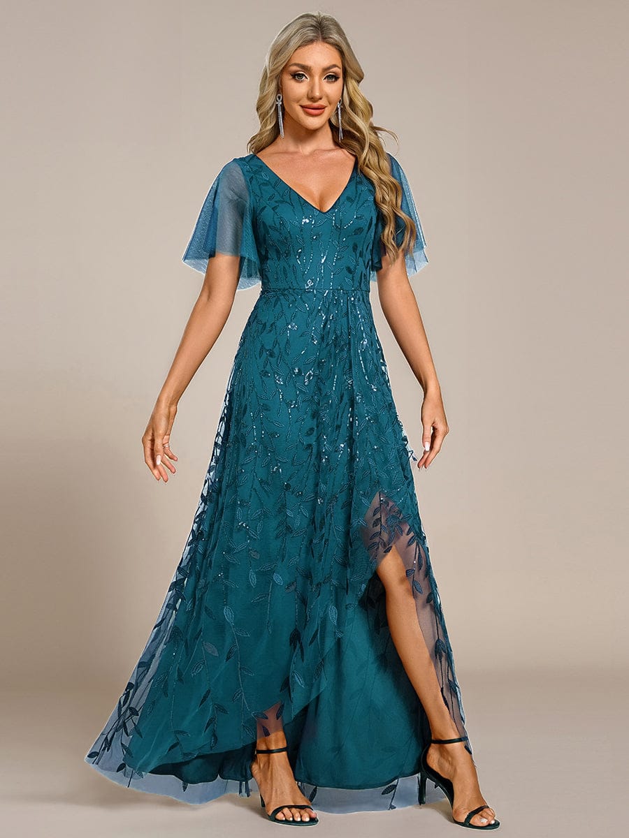 Short Sleeves Sequin High Low V-Neck Midi Formal Evening Dress #color_Teal