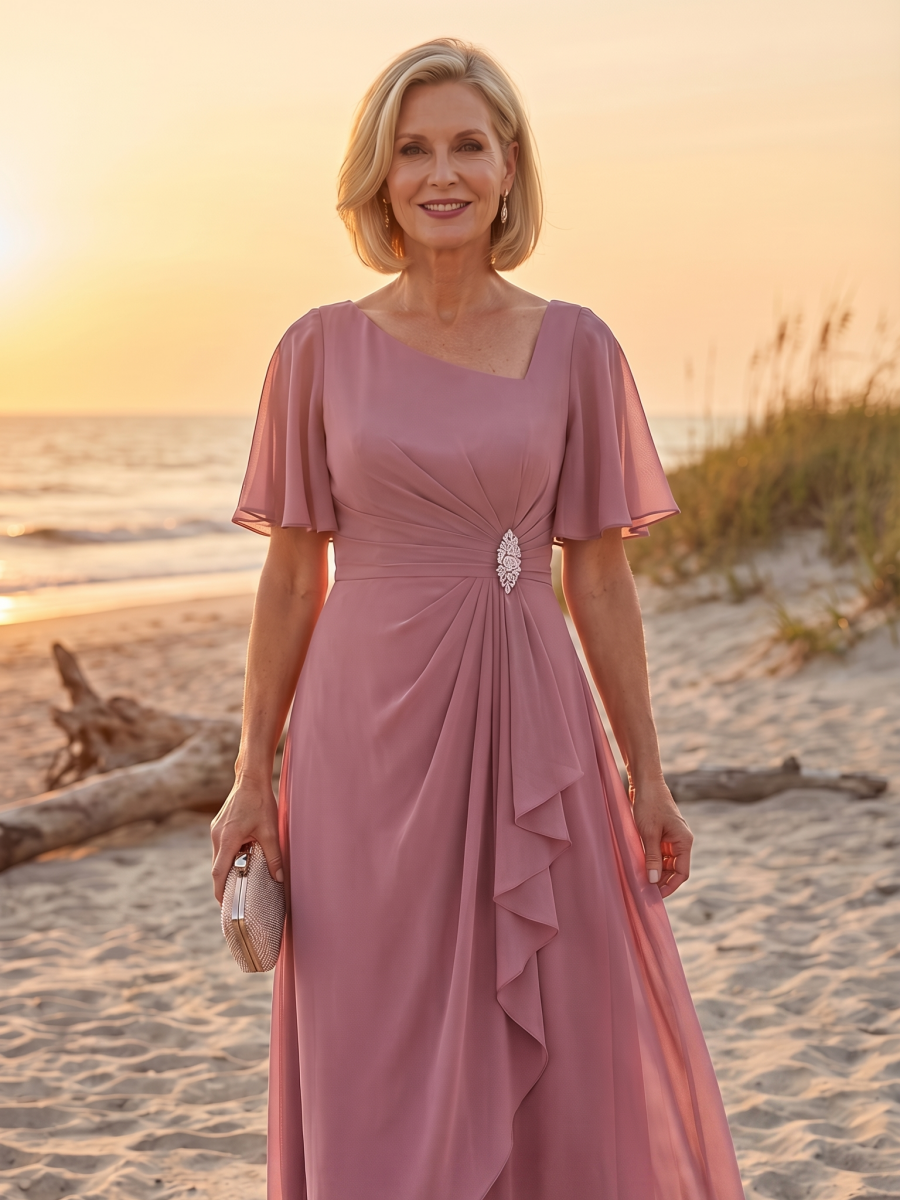 Pleated Chiffon Ruffle Sleeve Midi Dress #color_Purple Orchid