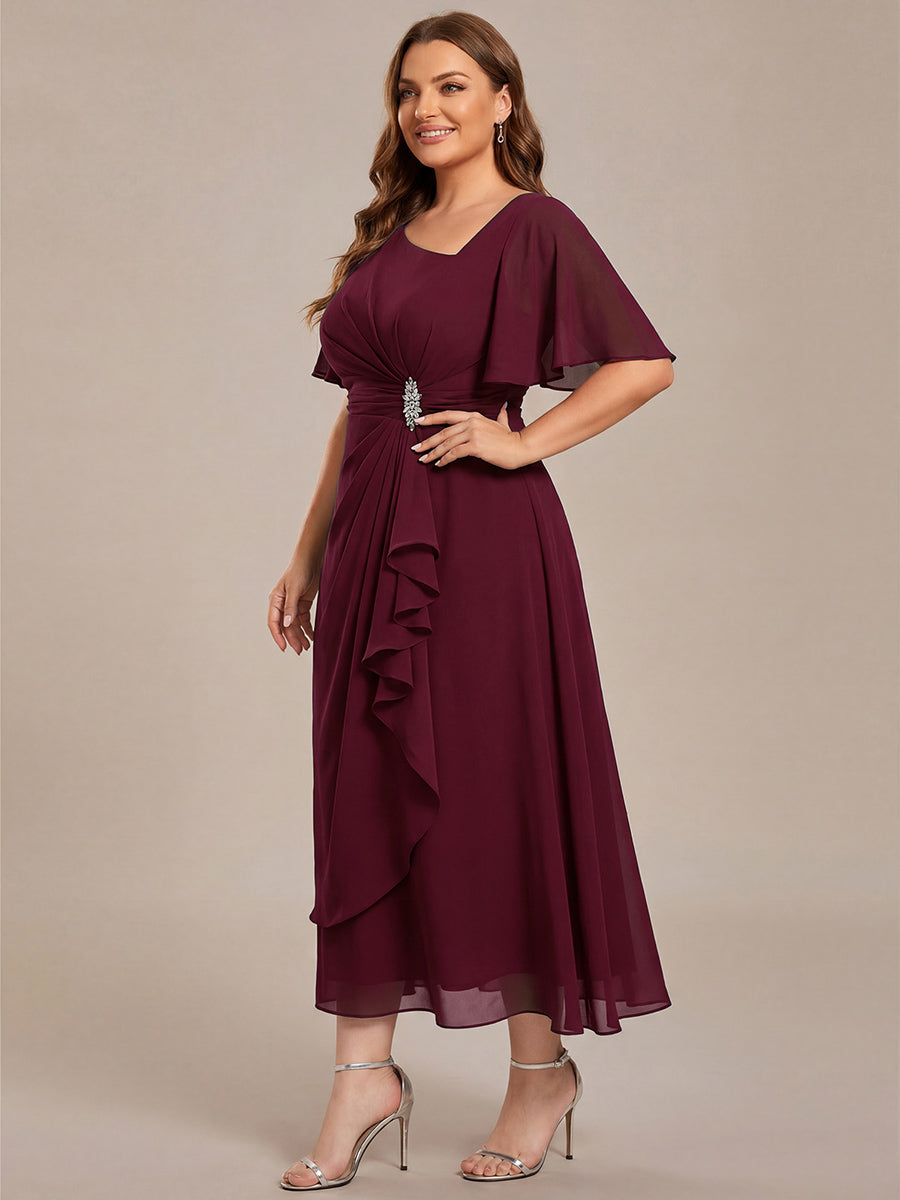 Plus Size Pleated Chiffon Ruffle Sleeve Midi Dress #color_Burgundy