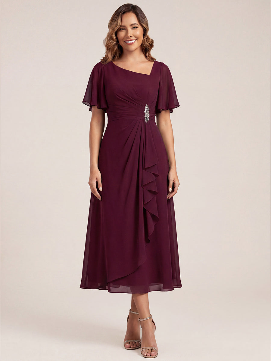 Pleated Chiffon Ruffle Sleeve Midi Dress #color_Burgundy