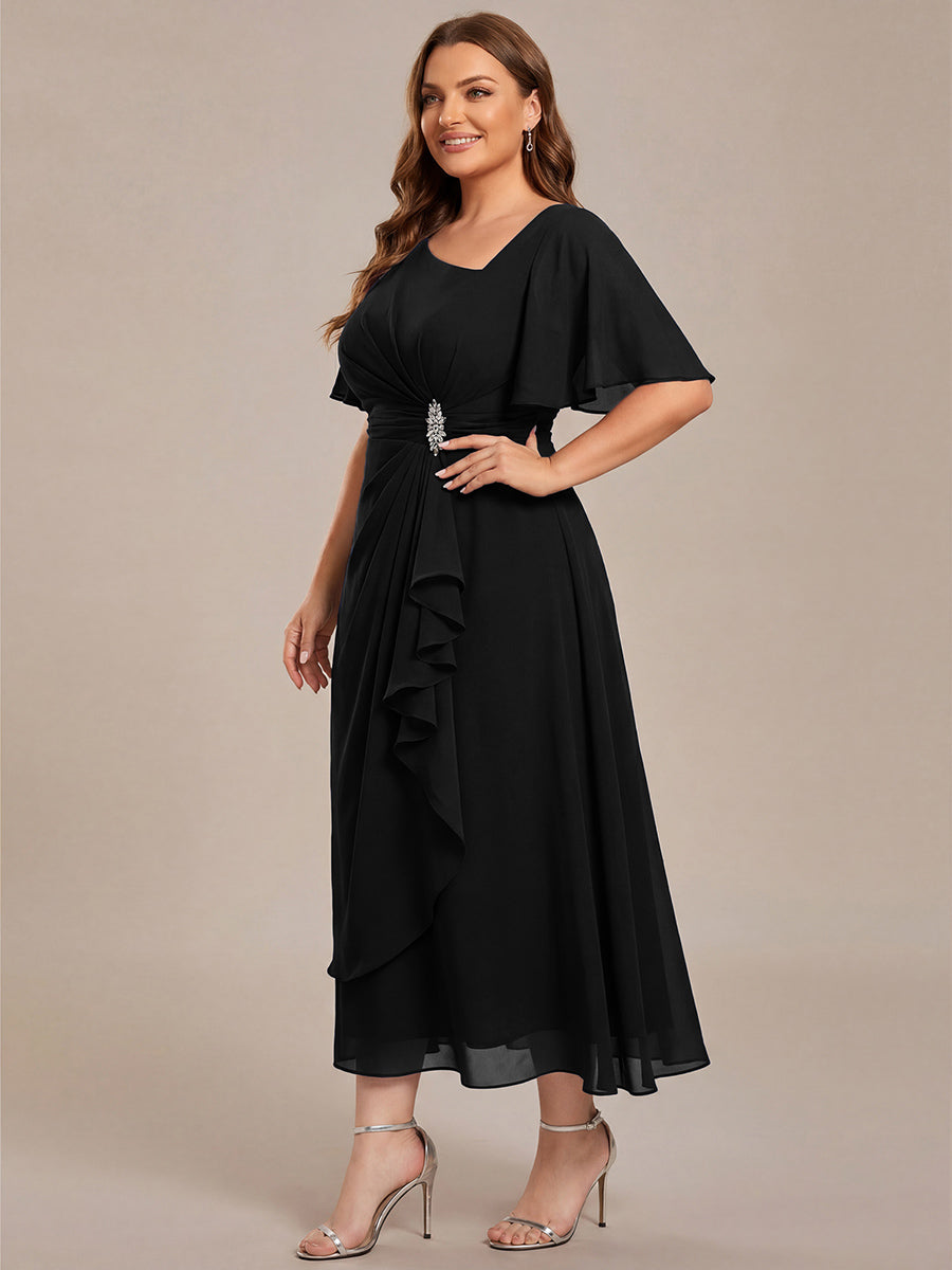 Plus Size Pleated Chiffon Ruffle Sleeve Midi Dress #color_Black