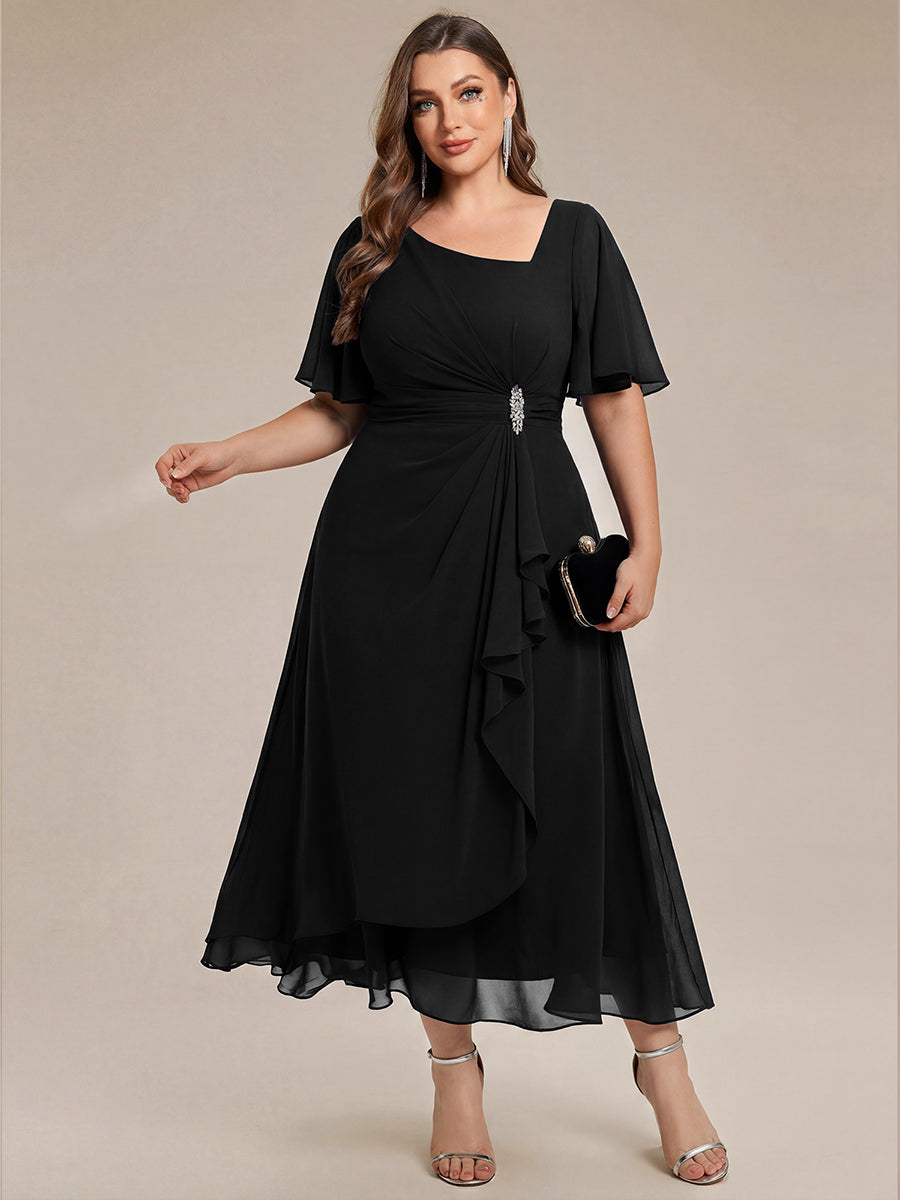 Plus Size Pleated Chiffon Ruffle Sleeve Midi Dress #color_Black