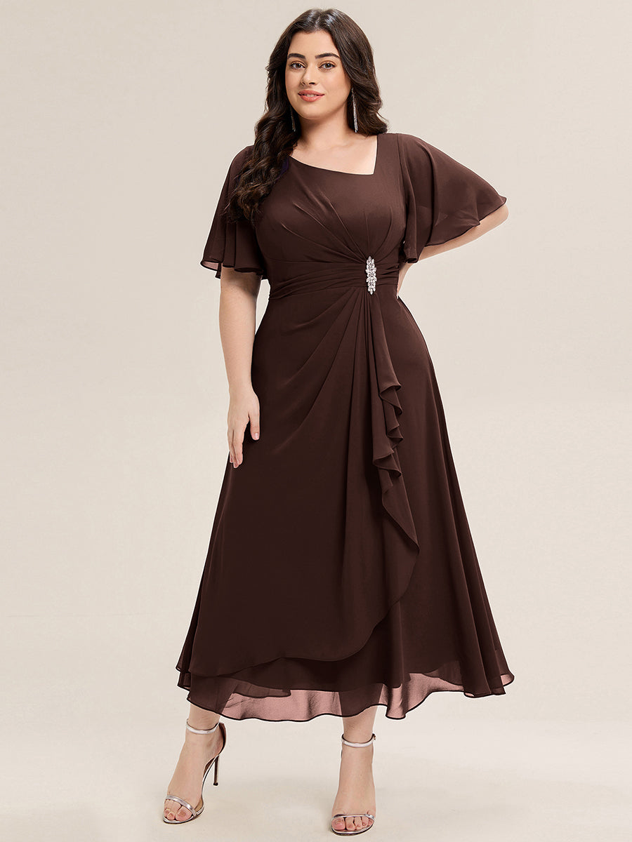 Plus Size Pleated Chiffon Ruffle Sleeve Midi Dress #color_Chocolate  Brown