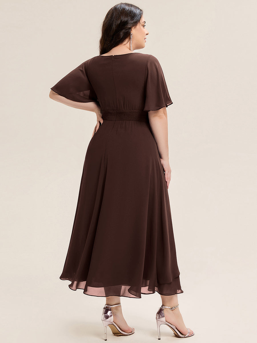 Plus Size Pleated Chiffon Ruffle Sleeve Midi Dress #color_Chocolate  Brown