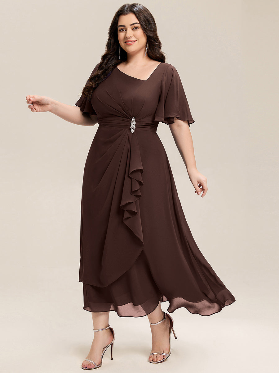 Plus Size Pleated Chiffon Ruffle Sleeve Midi Dress #color_Chocolate  Brown