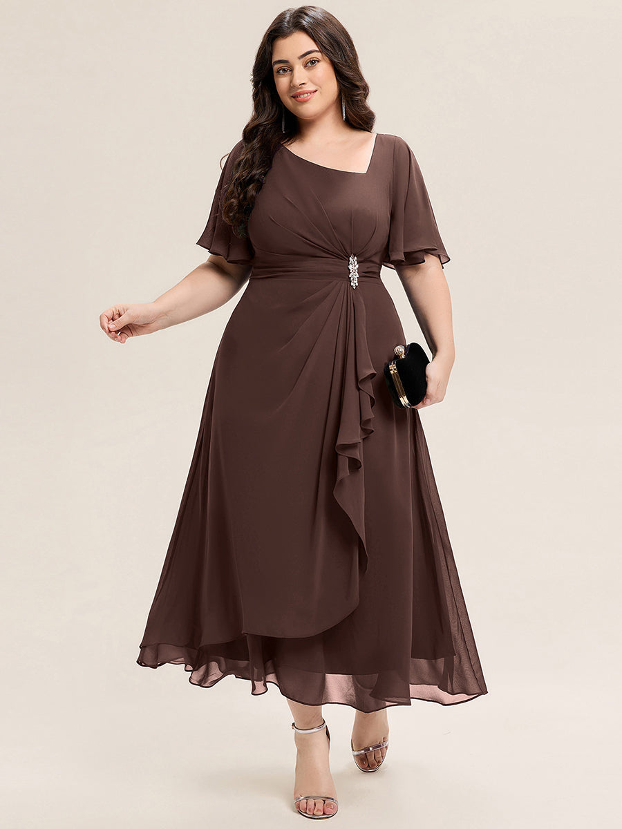 Plus Size Pleated Chiffon Ruffle Sleeve Midi Dress #color_Chocolate  Brown