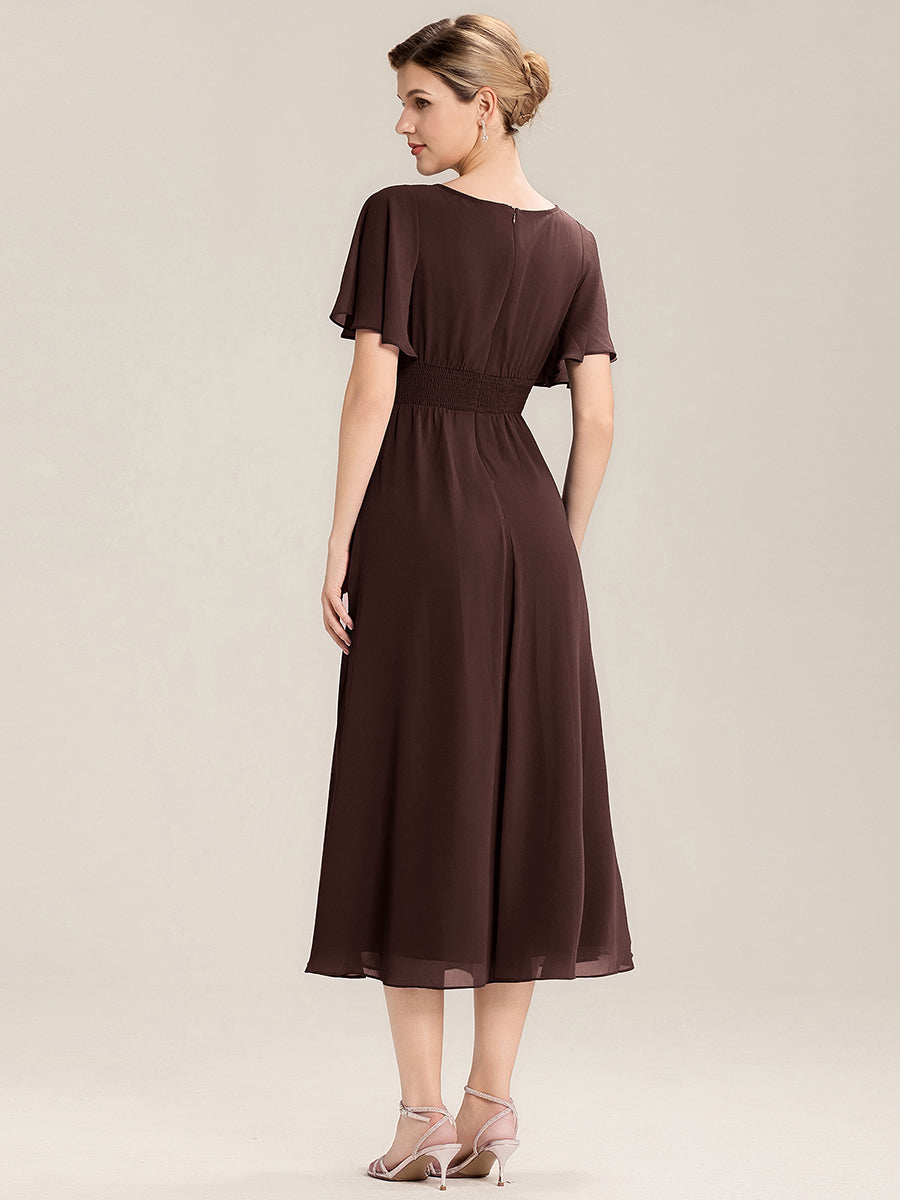 Pleated Chiffon Ruffle Sleeve Midi Dress #color_Chocolate Brown