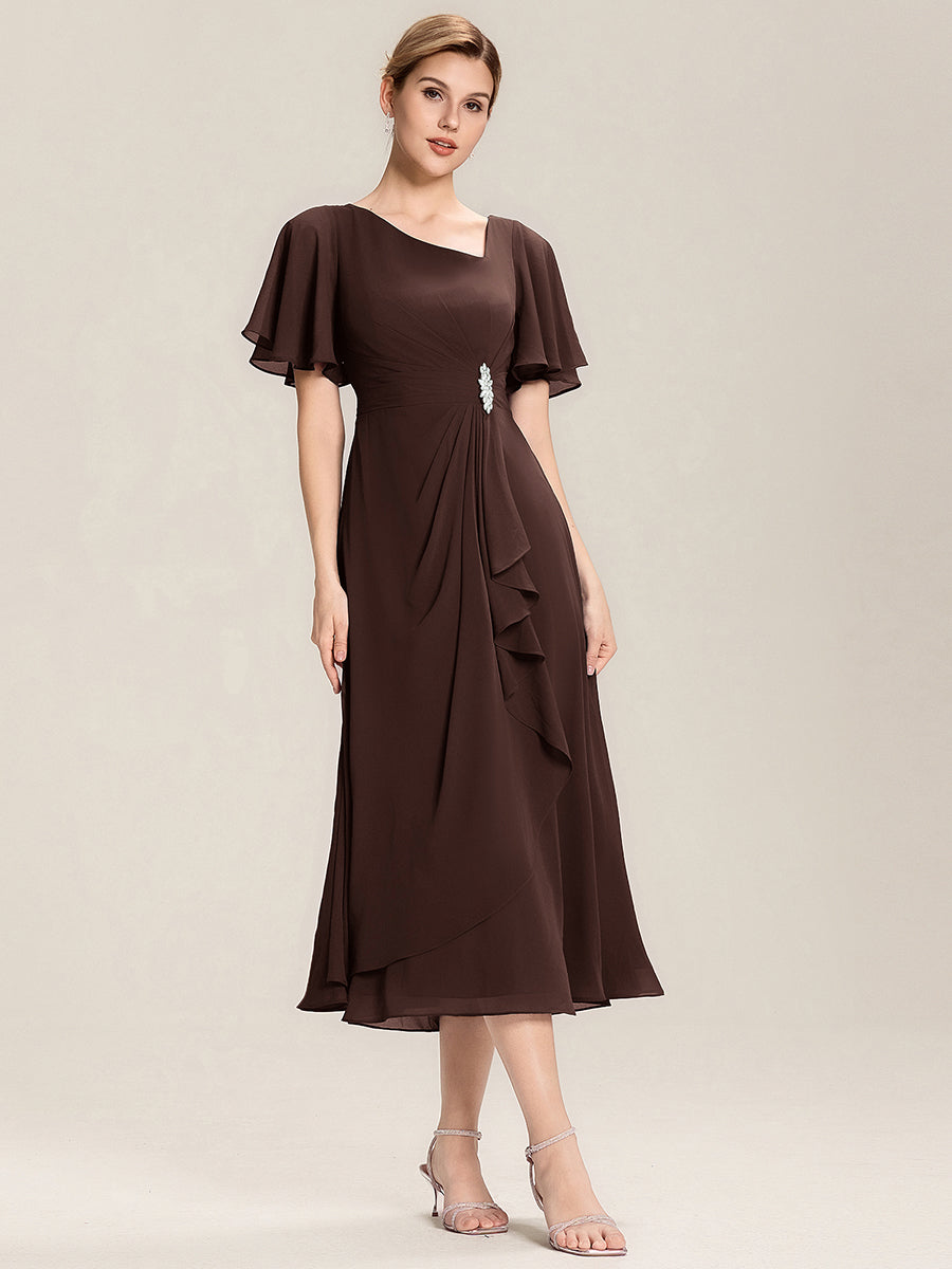 Pleated Chiffon Ruffle Sleeve Midi Dress #color_Chocolate Brown