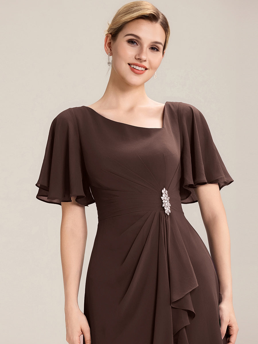 Pleated Chiffon Ruffle Sleeve Midi Dress #color_Chocolate Brown