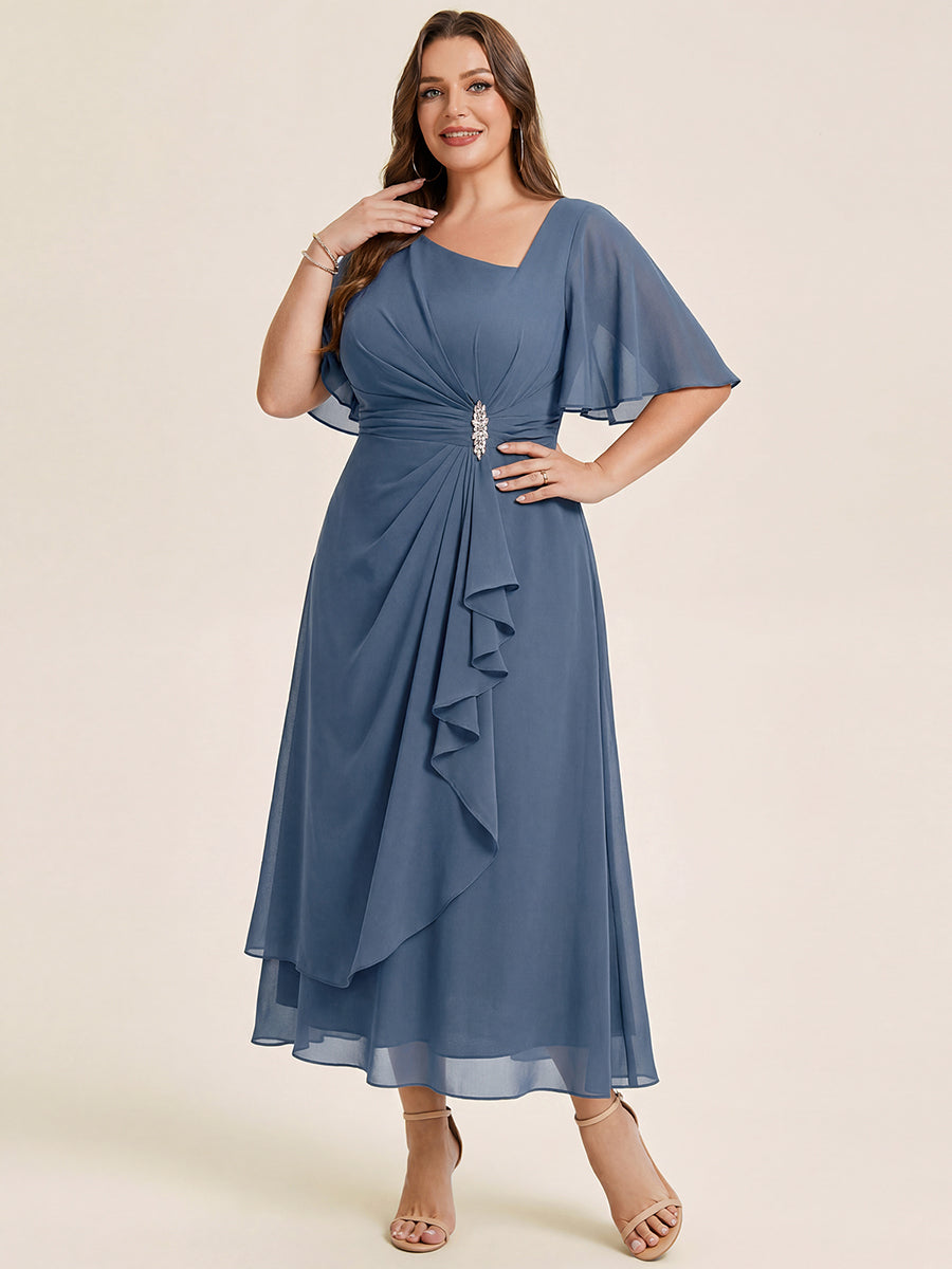Pleated Chiffon Ruffle Sleeve Midi Dress #color_Dusty Blue