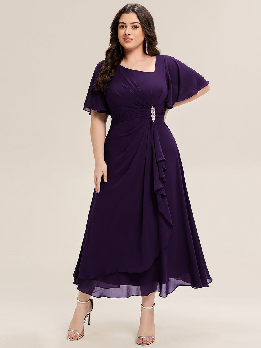 Plus Size Pleated Chiffon Ruffle Sleeve Midi Dress #color_Dark Purple