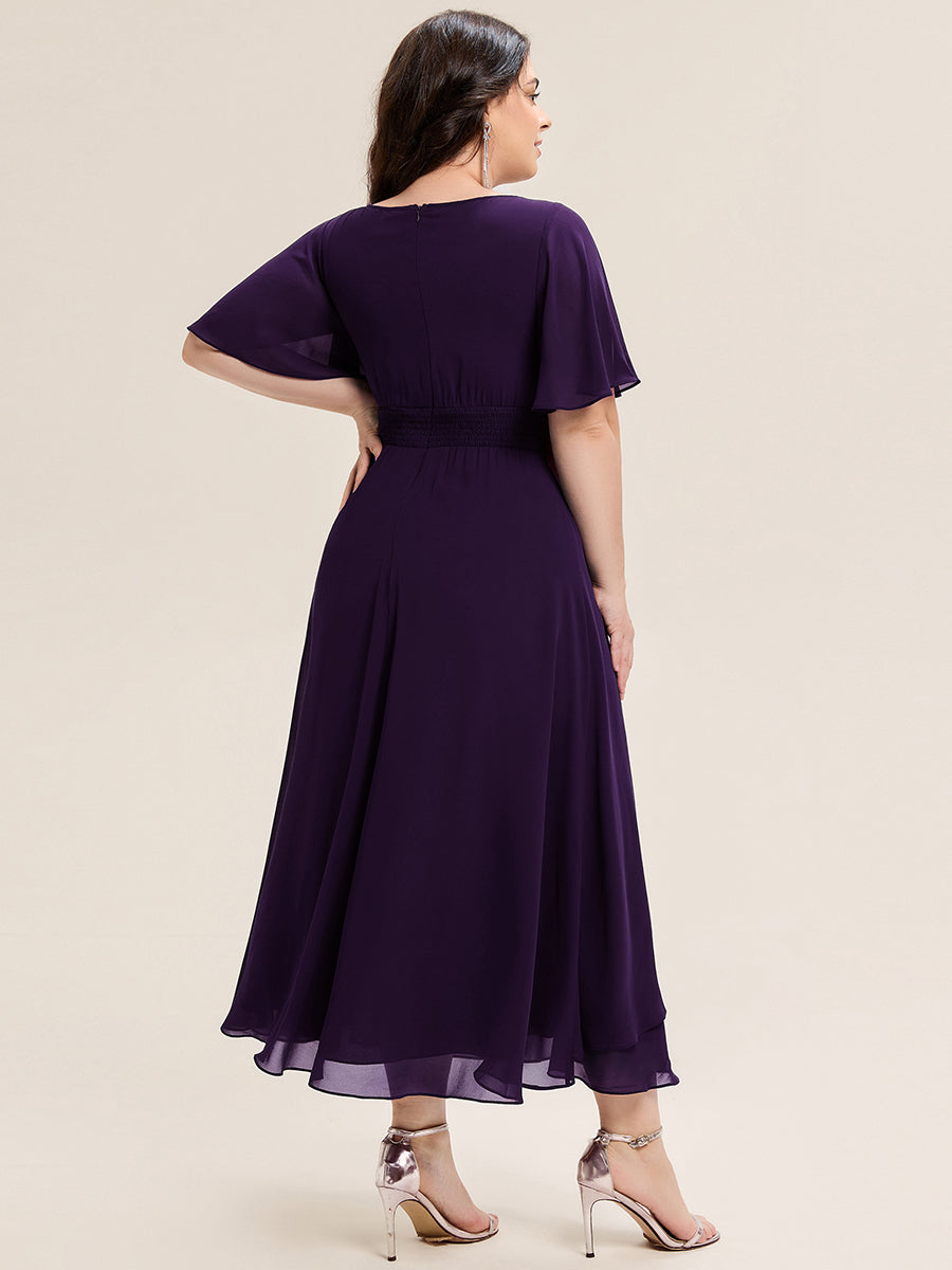 Plus Size Pleated Chiffon Ruffle Sleeve Midi Dress #color_Dark Purple
