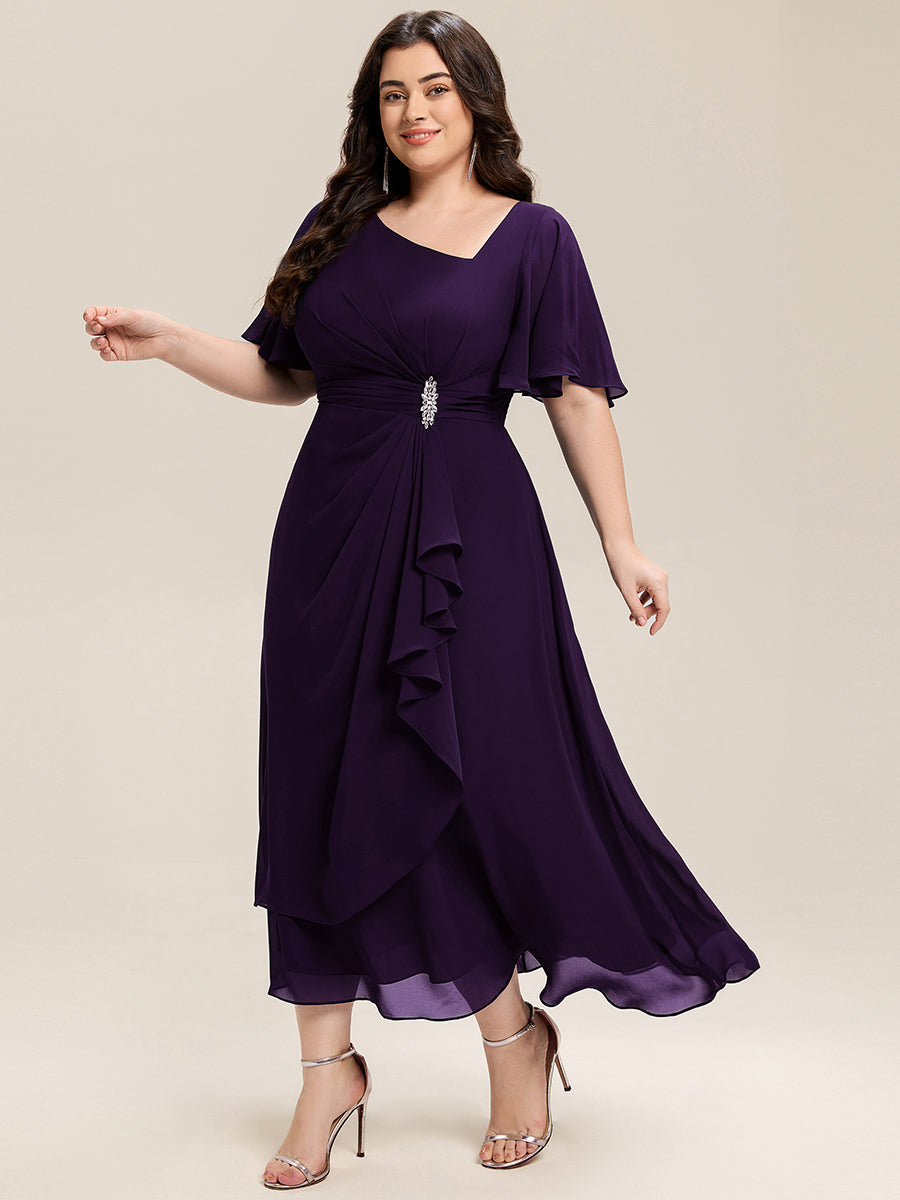 Plus Size Pleated Chiffon Ruffle Sleeve Midi Dress #color_Dark Purple