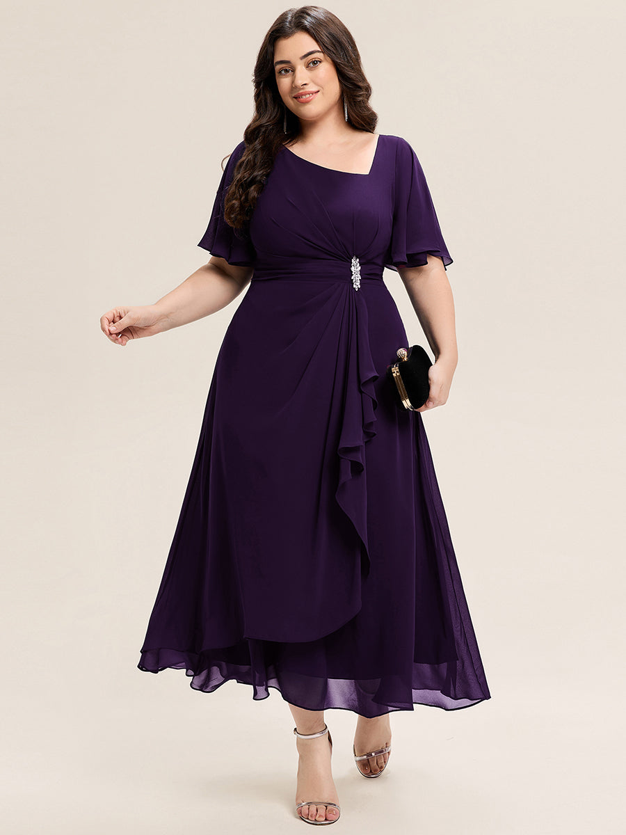 Plus Size Pleated Chiffon Ruffle Sleeve Midi Dress #color_Dark Purple
