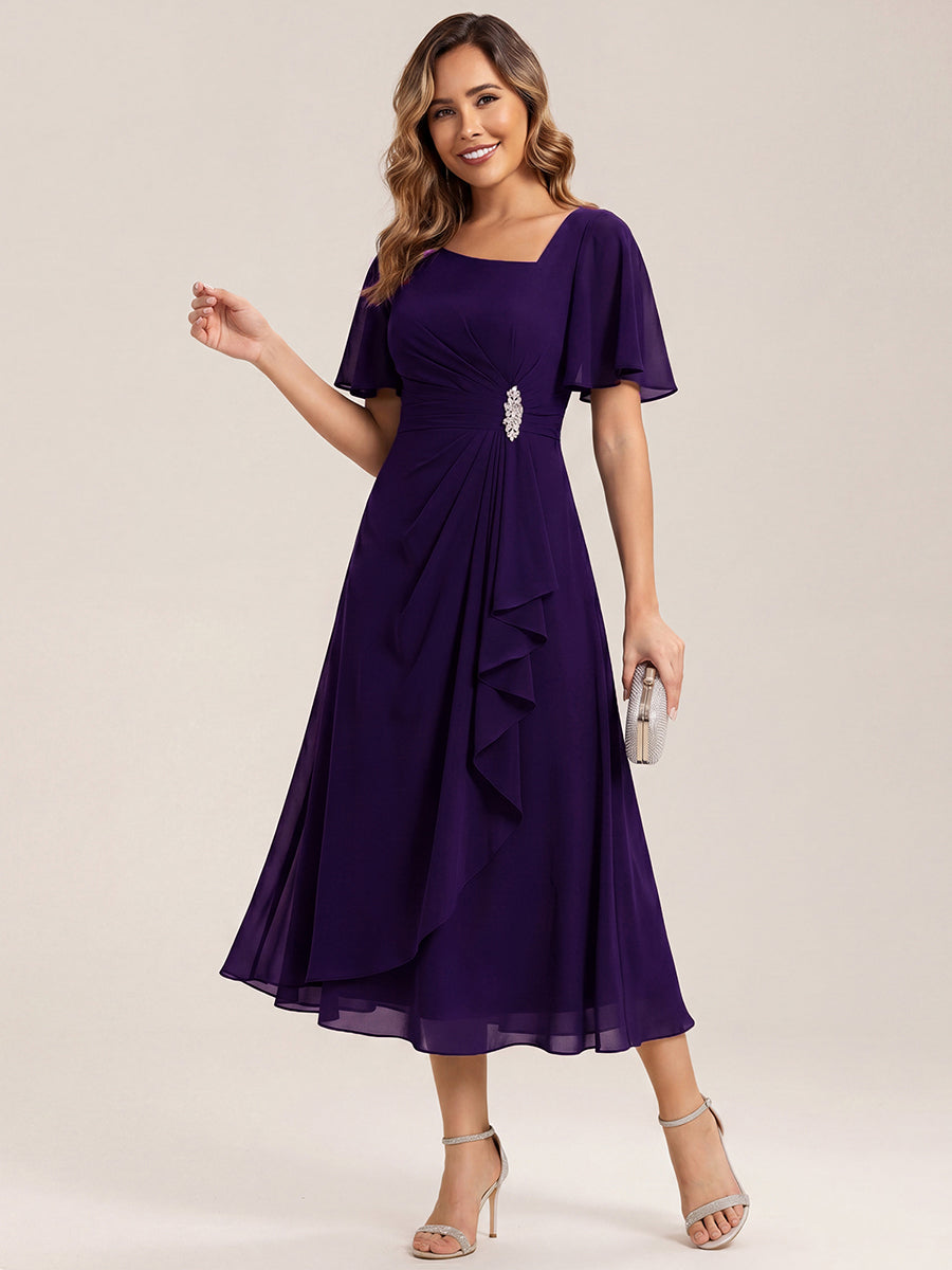 Plus Size Pleated Chiffon Ruffle Sleeve Midi Dress #color_Dark Purple