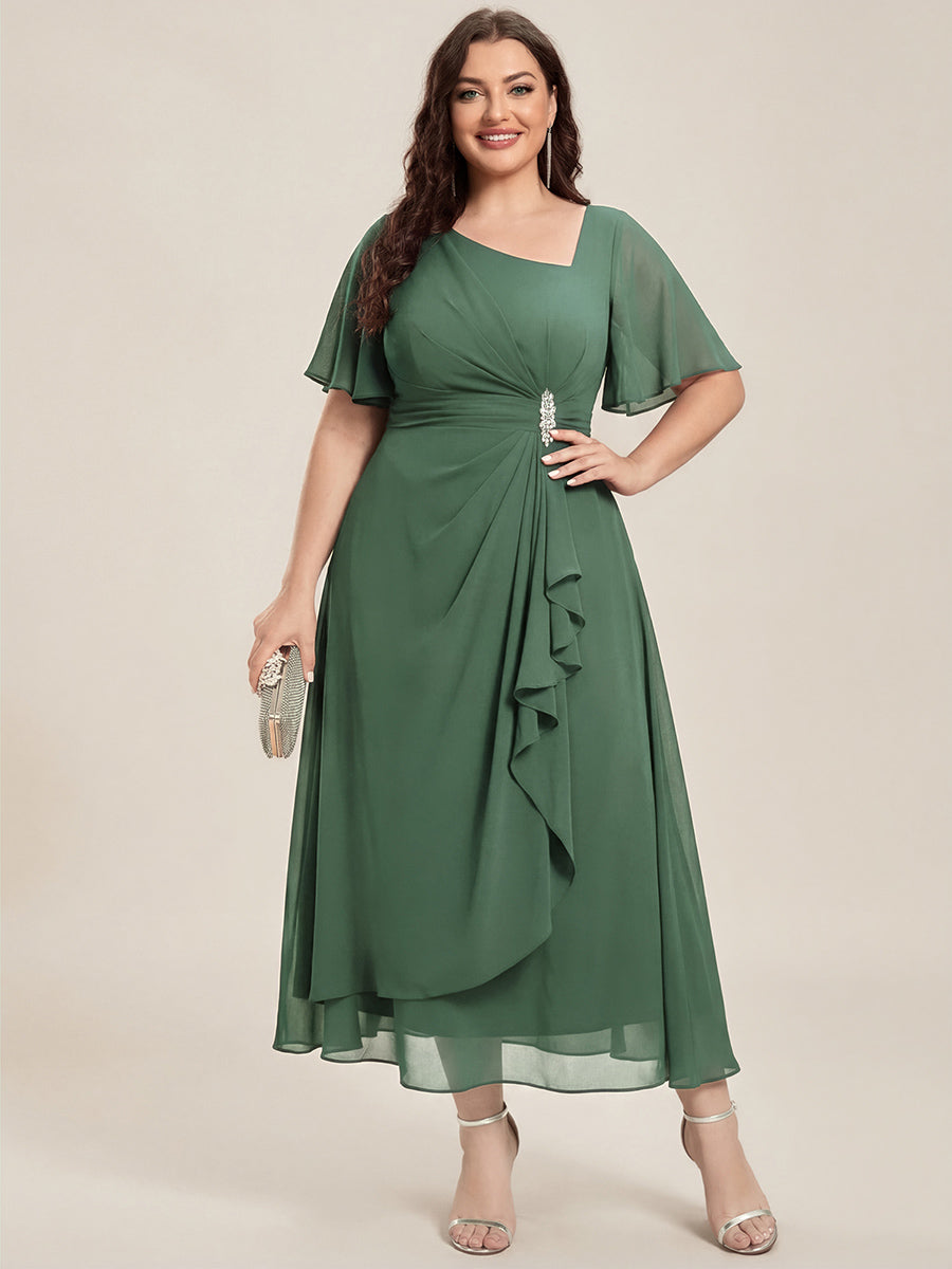Plus Size Pleated Chiffon Ruffle Sleeve Midi Dress #color_Eucalyptus