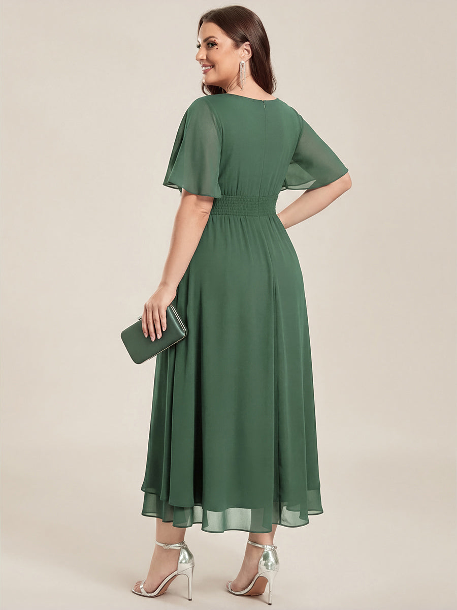 Plus Size Pleated Chiffon Ruffle Sleeve Midi Dress #color_Eucalyptus